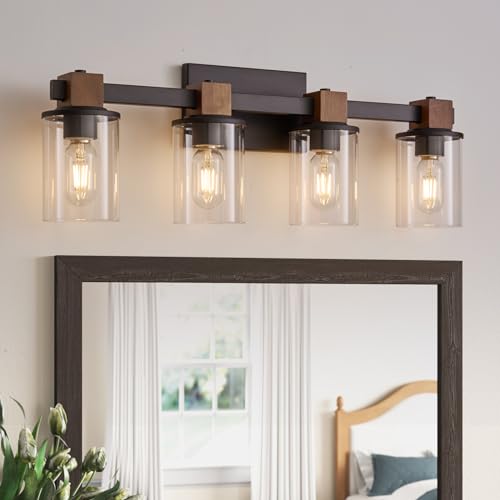 PUNSOKO Farmhouse Vanity Light Fixture, 3 Light Bathroom Wood Wall Light Over Mirror with Clear Glass Shade, Rustic Bathroom Vanity Light (Antique Wood, 3-Light)