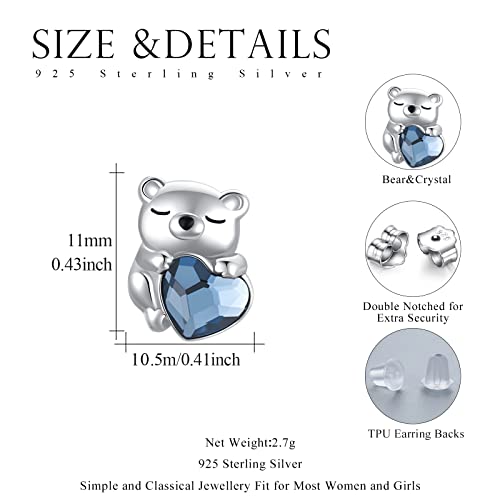 Bear Earrings 925 Sterling Silver Blue Heart Crystal Bear Studs Tiny Little Bear Polar Earrings Bear Jewelry Gifts for Women Bear Polar Lover Mother's Day