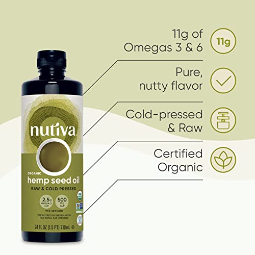 Nutiva Organic Cold-Pressed Unrefined Raw Hemp Seed Oil, 24 Ounce, USDA Organic, Non-GMO, Whole 30 Approved, Vegan, Gluten-Free & Keto, Rich In Omega 3 & 6 Fatty Acids