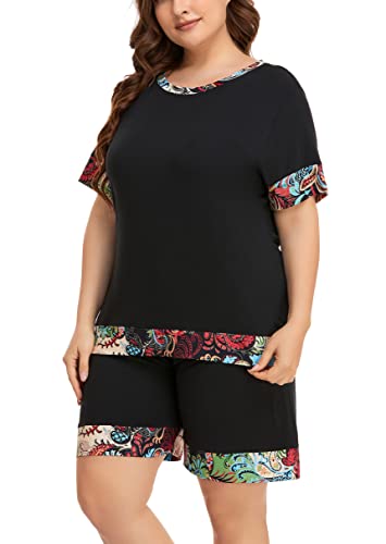 ZERDOCEAN Women's Plus Size Soft Sleepwear Pajamas Set Short Sleeve Tops with Shorts Nightwear Pj Lounge Sets Black+paisleyrim 1X