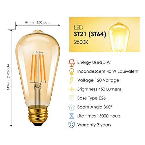 LVWIT Vintage Edison Light Bulb ST21 LED Filament Bulb 5.5W(40 Watt Equivalent) Dimmable 2500K (Amber Glow) Warm White E26 Medium Base, Amber Glass Cover,6 Pack
