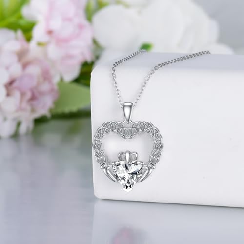 LONAGO Irish Claddagh Necklace Sterling Silver Claddagh Heart Necklace with White Crystal Gift for Women (April)