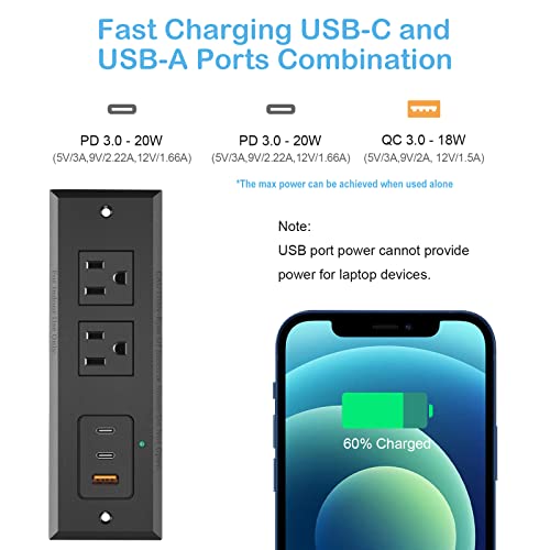 CCCEI Recessed Power Strip with Two USB-C Ports, Fast Charging USB A Port Desk Outlet, Black Furniture Hidden Charging Station for Side Table, End Table, with 6 FT 45 Degree Flat Plug Extension Cord.