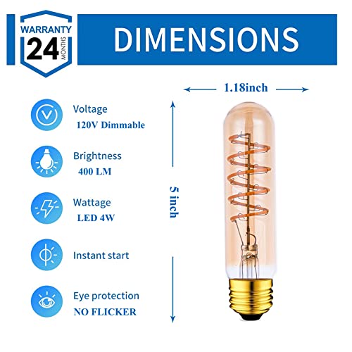 T10 LED Bulbs 40 Watt Equivalent 4W Dimmable Edison Tubular Light Bulb E26 Medium Base 2700K Warm White, T10 Vintage Amber Glass Spiral Filament LED Light Bulb, 2 Pack