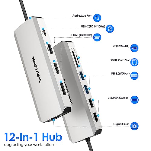 Laptop Docking Station,12 in 1 Triple Display USB C Hub for Windows with Dual DP, HDMI, 100W PD Charger, Gigabit Ethernet, USB3.0/2.0 Ports, SD/TF Card Reader, Mic/Audio for Lenovo HP Dell