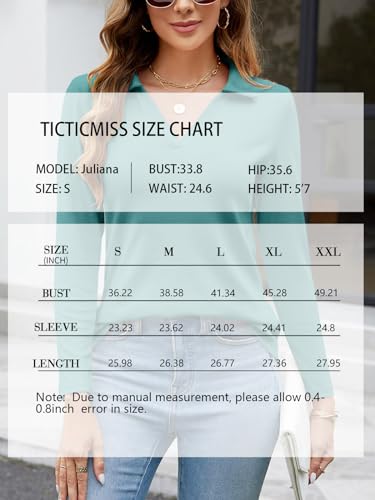 TICTICMISS Women's Long Sleeve Shirts V Neck Tunic Tops Dressy Casual Basic Tees Collar Polos