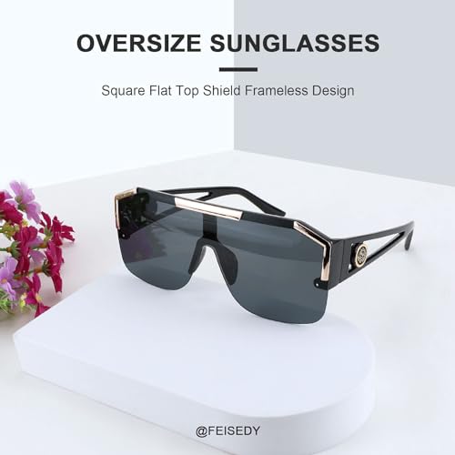 FEISEDY Women Men Sunglasse Square Flat Top Big Frame UV400 Sun Glasses Oversized B2765