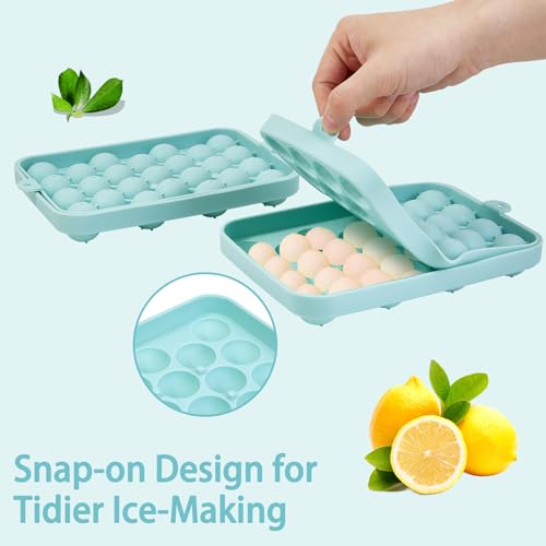 2 Pcs Ice Cube Tray - Stackable Round 25-Ball Silicone Ice Cube Molds with Silicone Lid, Easy to Release, BPA-Free for Chilled Beverages, Whiskey, and Cocktails (Blue)