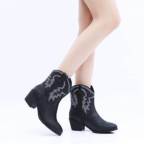 GLOBALWIN Women's Mid Calf Black Cowboy Boots The Western Fashion Cowgirl Boots For Women Low Heel Size 11M