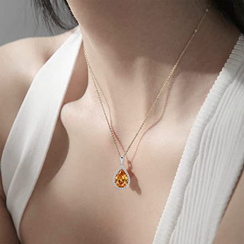 VONSSY Classic Oval Pendant Gemstone Necklace | Crystal Ruby Waterdrop Birthstone Teardrop Emerald Sapphire Necklace | 18K Platinum Plated Chain (Dia White)