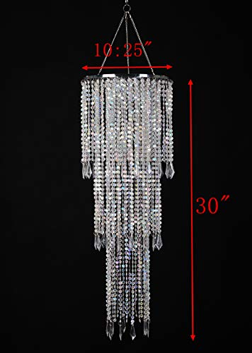 FlavorThings Sparkling Iridescent Acrylic Beaded Hanging Chandelier (W10.25"H30”)，3 Tiers Beads Pendant Shade, Ceiling Chandelier Lampshade with Acrylic Jewel Droplets, Beaded Lampshade