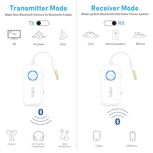 1Mii Bluetooth 5.3 Transmitter Receiver for Airplane/TV to 2 Headphones/AirPods, Dual Links Wireless Audio Adapter w/aptx Low Latency/HD/AptX Adaptive, 3.5mm Aux Bluetooth Adapter for Cars, Gym, Boat