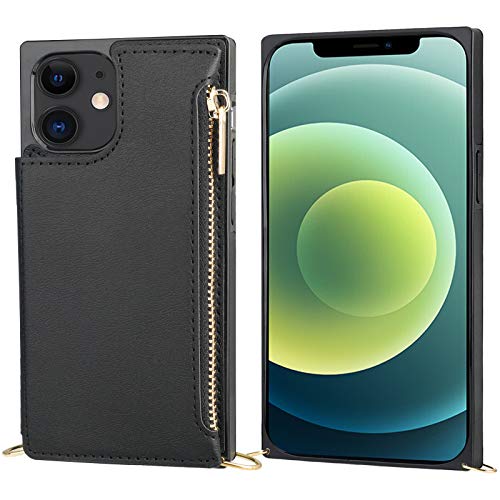 Bocasal Crossbody Wallet Case for iPhone 12 Mini with Card Holder,Zipper Card Slot Protector Shockproof Purse Cover with Removable Cross Body Strap 5.4 Inch(Black)