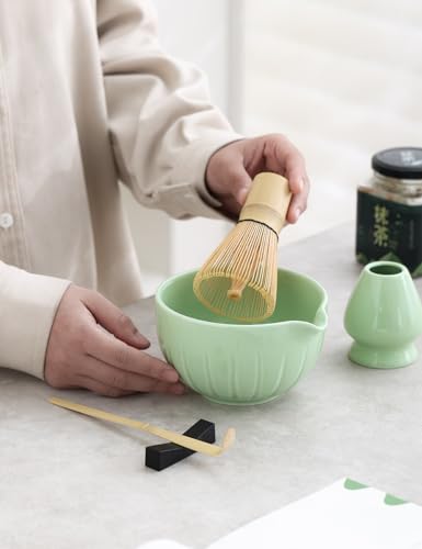 TANG PIN Matcha Set - Match Bowl with Spout and Whisk, 15 OZ, Matcha Scoop | Matcha Whisk Stand (Chasen Holder) - 4pc Perfect Matcha Kit for Matcha Tea Ceremony (Green)