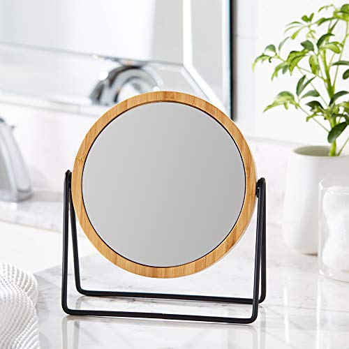 Amazon Basics Vanity Round Mirror with Bamboo Rim, Magnification, Tabletop Mount, Black, 7.2"L x 2.87 "W