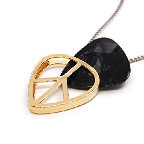 PICKRING Peace Shaped Guitar Pick Holder Necklace for Guitarists/Guitar Picks Keeper Storage Pendant Necklace Stainless Steel Music Lovers Musicians Gifts (Gold)