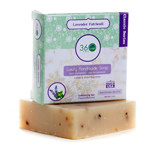 360Feel Lavender Patchouli Soap - 5oz Castile Handmade Soap bar- Refreshing Earthy with peppermint leaves Skin Scrub Exfoliation - Man Soap-Essential Oils - Gift ready