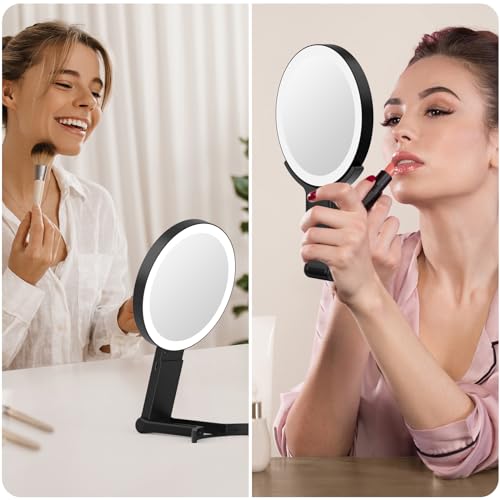 Magnifying Mirror with Light 1X/10X, Travel Lighted Makeup Mirror with Magnification, Make Up Mirror Stand Up Double Sided, Magnified Travel Mirror with Lights, 3 Light Colors & Light Dimming