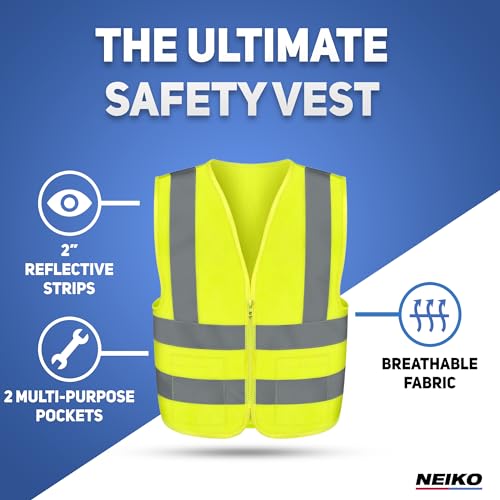 Neiko 53994A Large Ultra Reflective Safety Vest with Reflective Stripes & Zipper, Visibility Strips on Neon Yellow for Emergency, Safety Vest for Men and Women, Adult Safety Vest