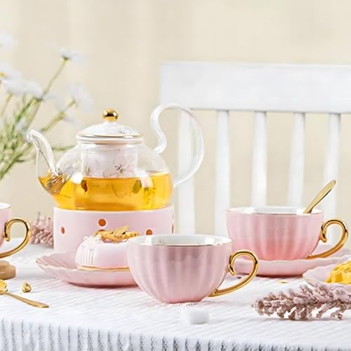 ICHAG Tea Cups and Saucers Set, Tea Cup Set, Cappuccino Cup, 7oz Vintage Porcelain Teacup and Saucer Set with Golden Spoon, Latte Cups, Coffee Cup Set for Women's Tea Party, Home Office Gifts (1pc)