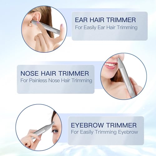 HEBECA Ear Nose Hair Trimmer, Rechargeable Facial Hair Removal Set for Women Men- Electric Eyebrow Trimmer, Waterproof 2in1 Face and Nose Trimmer Portable Silver