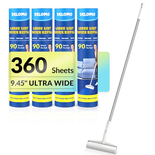 Large Lint Roller - 9.45 in Giant Lint Roller Refill 360 Sheets Total, 45 in Telescopic Pole to Clean without Bending Down, Sticky Rollers for Floor Cleaning Carpets, Cars, Clothing, Pet Hair