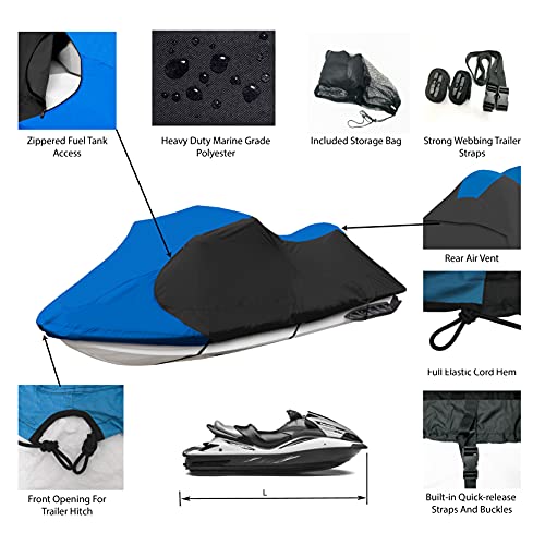 JETPRO Trailerable Jet Ski Cover, Waterproof Marine Grade 600D Heavy Duty Polyester PWC Cover Blue/Black Color Fits from 96"-102" 1 Seater