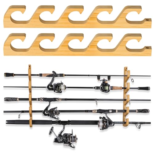 PLUSINNO WH5 Horizontal Fishing Rod/Pole Holders for Garage, Wall or Ceiling Mounted Fishing Rod Rack, Solid Wood Fishing rod Holder Holds up to 5 Rod or Combos or Nets Storage Racks