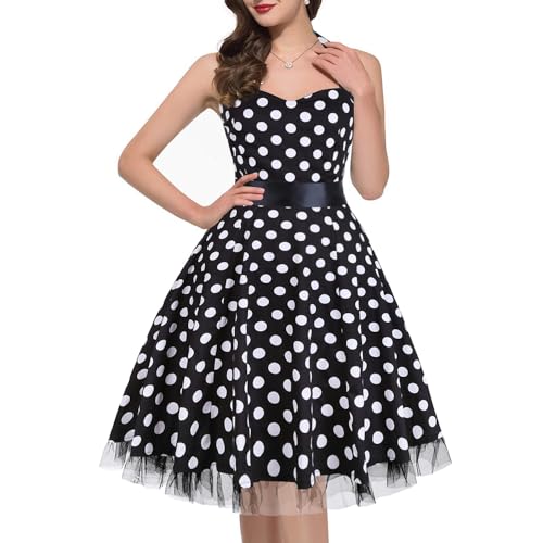 oten Women's Vintage Polka Dot Halter Dress 1950s Floral Sping Retro Rockabilly Cocktail Swing Tea Dresses