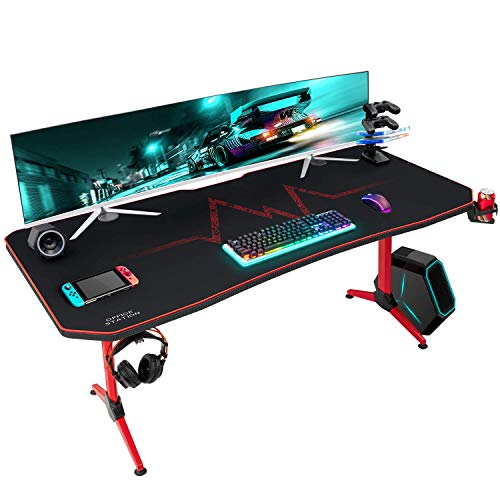 Furmax Gaming Desk T-Shaped Pc Computer Table with Carbon Fiber Surface Free Mouse Pad Home Office Desk Gamer Table Pro with Game Handle Rack Headphone Hook and Cup Holder (Black, 55 Inch)