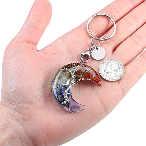 Jovivi 7 Chakra Healing Crystal Keychain Wrapped Crescent Moon Quartz Gemstone Pendant Resin Crystal Keyring for Women Mothers Day Gifts