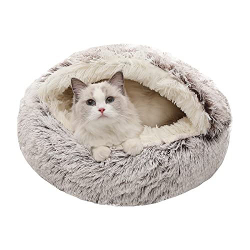 Calming Dog Beds & Cat Cave Bed with Hooded Cover,Removable Washable Round Beds for Small Medium Pets,Anti-Slip Faux Fur Fluffy Coved Bed for Improved Sleep,Fits up to 15/25 lbs (Small,20"x20")