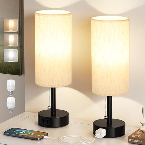 Fenmzee White Silver Bedside Table Lamps Set of 2-3 Color Temperatures Pull Chain Lamp with AC Outlet Charging Port, Two Round Night Stand Lamps for Bedroom, Small Bed Side Light with E26 LED Bulbs