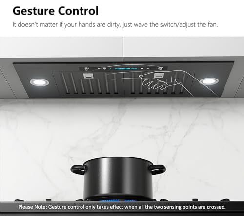 IKTCH 30 inch Black Built-in/Insert Range Hood, 900 CFM Ducted/Ductless Stainless Steel Kitchen Vent Hood with 4 Speed Gesture Sensing&Touch Control Panel(IKB01-30-BSS)