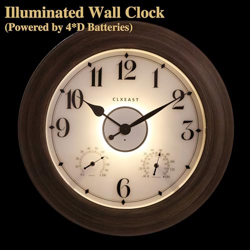 CLXEAST 24 Inch LED Illuminated Outdoor Clocks Waterproof with Thermometer & Hygrometer, Large Lighted Metal Wall Clock with Smart Light Sensor,Grey Oak Finish