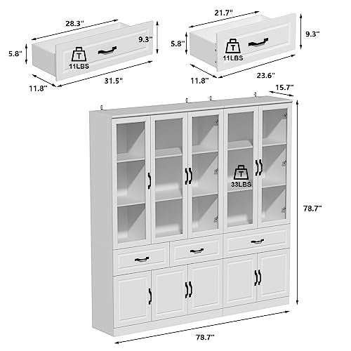 Hitow Tall Bookshelf with Glass Doors & Drawers, 2 Piece Large Storage Cabinet Set, Home Office Bookcase with Doors, Glass Display Cabinet for Living Room, White (78.7" W x 15.7" D x 78.9" H)