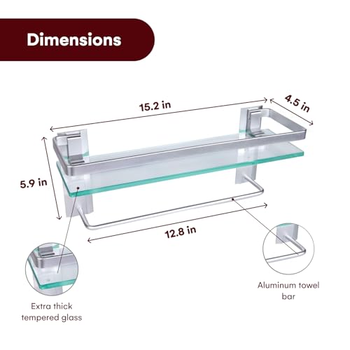 Vdomus Glass Bathroom Shelf with Hand Towel Bar, Rectangular Wall Mounted Bathroom Shelf Storage Extra Thick Tempered Glass, 15.2x4.5 inches with Brushed Silver Finish