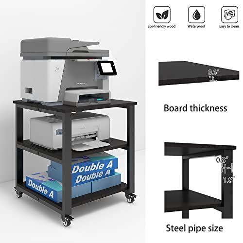 Natwind 3-Tier Laser Printer Cart,19.7''x19.7''x22.6'' Large Machine Stand,Heavy Duty Rolling Table with Storage,Floor-Standing Rack on Wheels,Paper File Organizer Shelf for Home Office (Black)