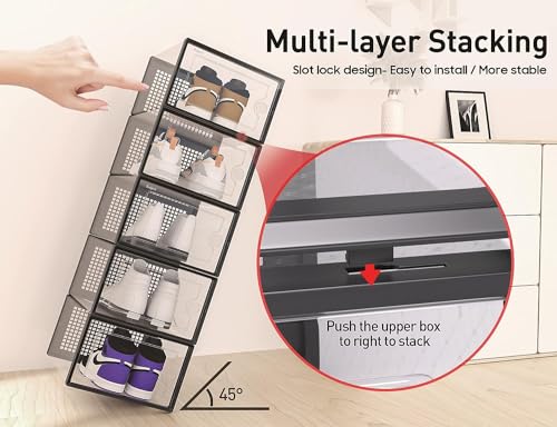 Kuject X-Large Shoe Storage Boxes Organizers Clear Plastic Stackable 4 Pack, Shoe Rack & Holder Substitute, Sneaker Containers, Toy Storage Organizer Bins for Entryway, Closet, Under Bed, Grey