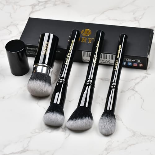 LORYP 4 Pcs Full Face Professional Makeup Brushes Set with Retractable Kabuki Airbrush For Powder,Liquid,Cream,Angled Blush Brush, Foundation Brush, Tapered Highlight Brush