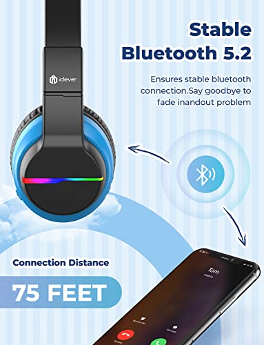 iClever BTH12 Kids Bluetooth Headphones,Colorful LED Lights Wireless Kids Headphones,74/85/94dB Volume Limited,85H Playtime,Bluetooth 5.2,Over Ear Headphones with Mic for iPad/Tablet/Traveling,Black