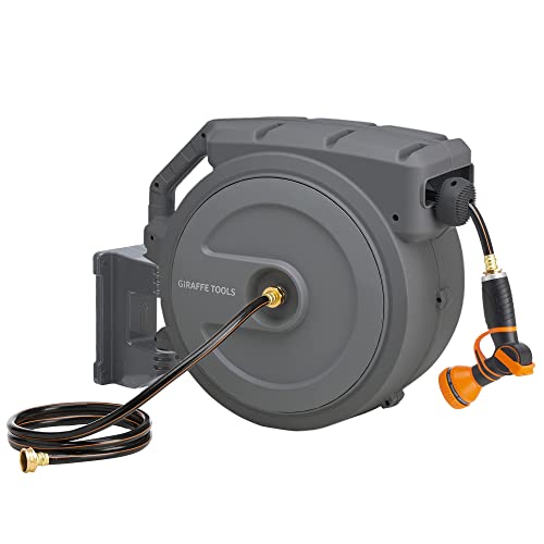 Giraffe Tools Metal Retractable Hose Reel 130 FT Wall Mounted Heavy Duty Hose Reel with 9 Pattern Nozzle 180 Deg Swivel, Metal Bracket Any Length Lock (1/2 130FT PRO, Dark Grey)