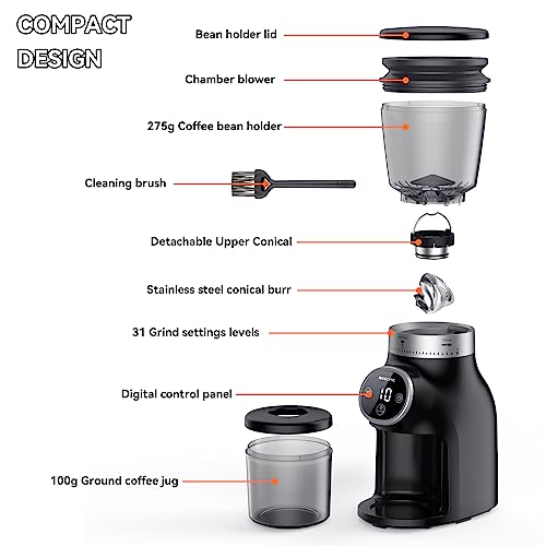 BEEONE Burr Coffee Grinder with Digital Control, Espresso Grinder with 31 Precise Settings for 1-10 Cups, Coffee Been Grinder with Time Display for Home use, Black