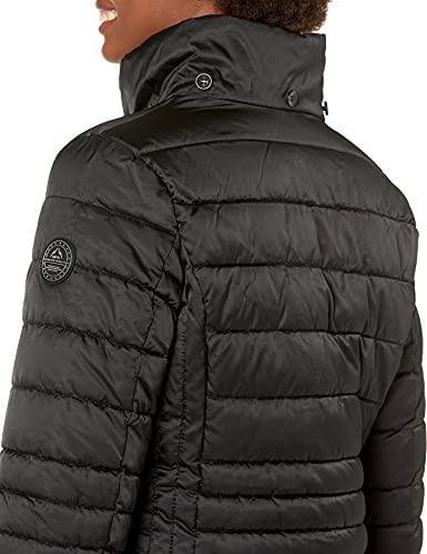 HFX Women's Short Puffer Jacket with Faux Fur Trimmed Hood and Cinched Waist, Water Resistant, Black, Small