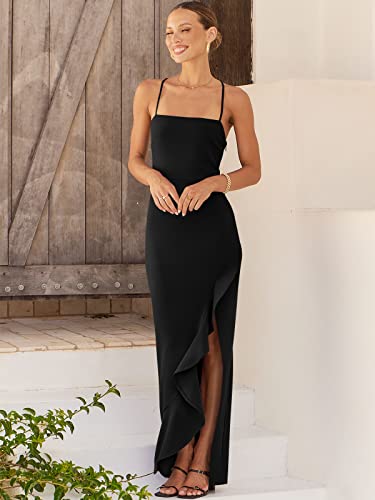 ANRABESS Women Prom Dress 2024 Summer Bodycon Formal Maxi Dresses Ruffle Side Split Cocktail Wedding Guest Date Dress Rose Small