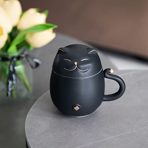 HEER Ceramic Tea Cup with Infuser and Lid, Cute Lucky Cat Coffee Mug Gift for Cat Lovers, Chinese Loose Leaf Tea Steeper. (Black)