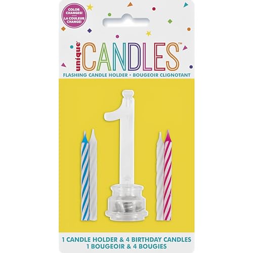 Blue Plastic Number 1 Flashing Candle Holder With Birthday Candle Set - 1 Set - Elegant, Eye-catching & Durable - Perfect Cake Topper For Birthday Celebrations