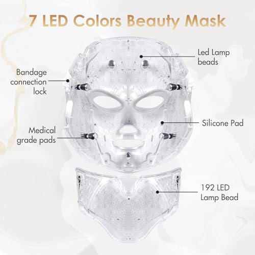 EVFOFO 7 Colors LED Face Mask Light Therapy, Led Face Mask Light Therapy At Home, Blue Red Light Therapy Mask for Face