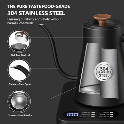 Gooseneck Electric Kettle - 1200W Quick Boil, Temp Control with 5 Presets & ±5℉ Adjustment, Accurate Pouring, 24oz Small Pour Over Coffee & Tea Kettle, 2H Auto Keep Warm, Stainless Steel, Black