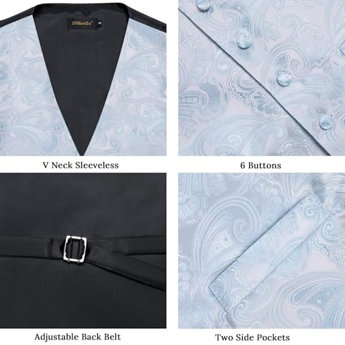 DiBanGu Mens Paisley Vest Tie Set with Lapel Pin Tie Clip 7PCS Silk V-Neck Suit Waistcoat and Necktie for Tuxedo Wedding, Royal Blue and Black, Medium